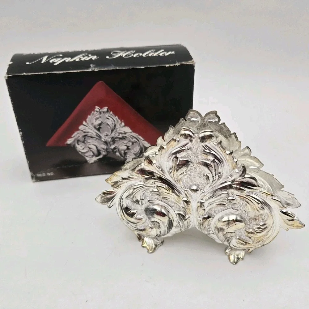 Vintage Ornate Silver Tone Napkin Holder Scroll Design NIB Hong Kong Baroque New